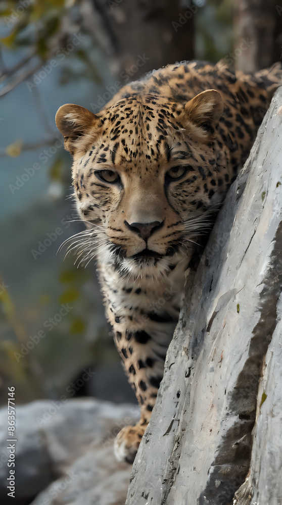 Fototapeta premium a leopard that is standing on a rock