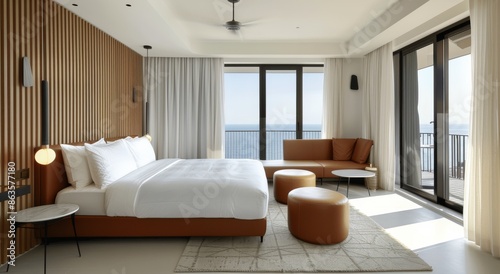 Modern Hotel Room With Ocean View and Minimalist Decor © olegganko