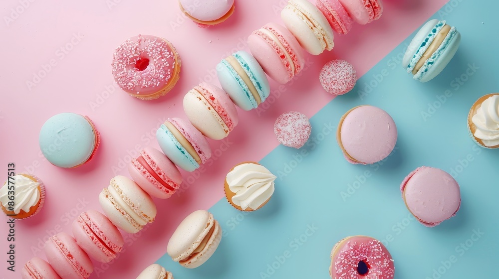 Fototapeta premium Dreamy Delights Vibrant Pastel Macarons and Doughnuts in Motion on Duotone Background