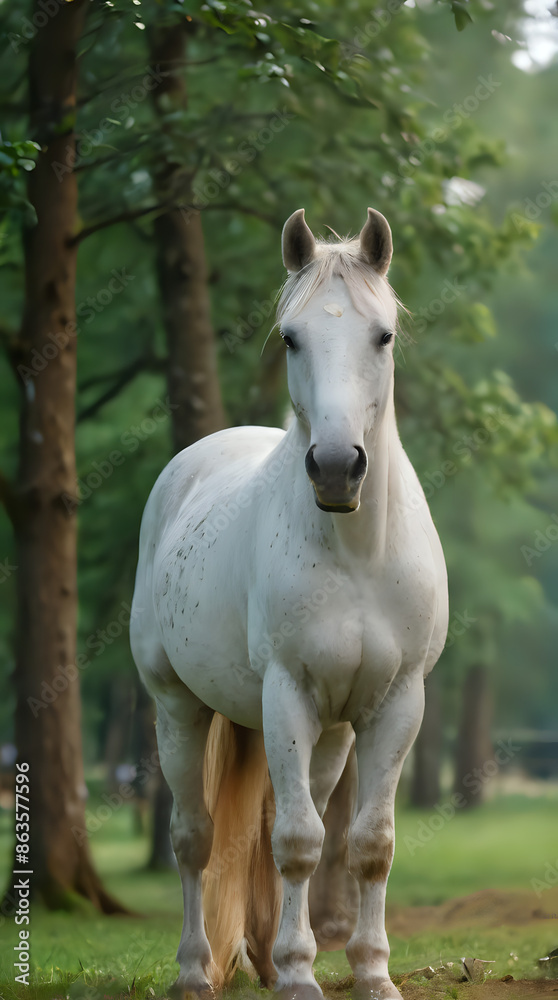 Fototapeta premium a white horse standing in the grass near some trees