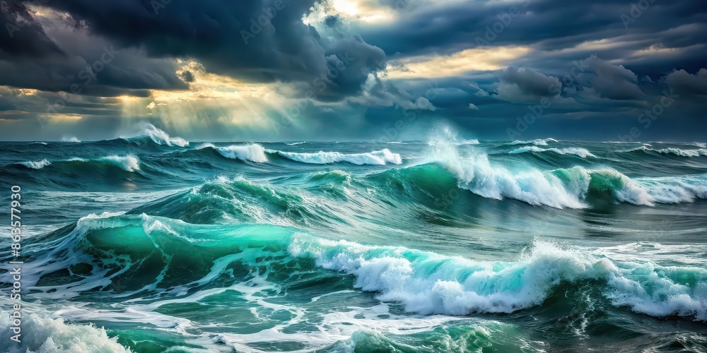 Naklejka premium Ocean seafoam and turbulent water in a stormy sea, ocean, sea, seafoam, turbulent, water, stormy, waves, motion, nature, aqua, foam