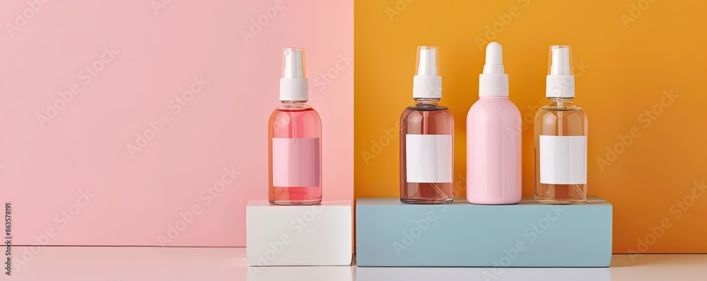 Skincare bottles right-aligned, bright abstract background, fresh and modern Skincare bottles right-aligned, bright abstract background, fresh and modern