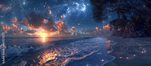 Starry Night Beachscape with Sunset Glow