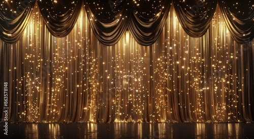 Golden Lights Curtain Stage Background With Sparkling Floor