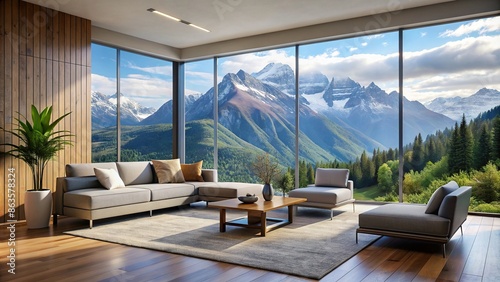Living room with a stunning mountain view , cozy, interior design, home decor, window, natural light, relaxation, cozy © tammanoon
