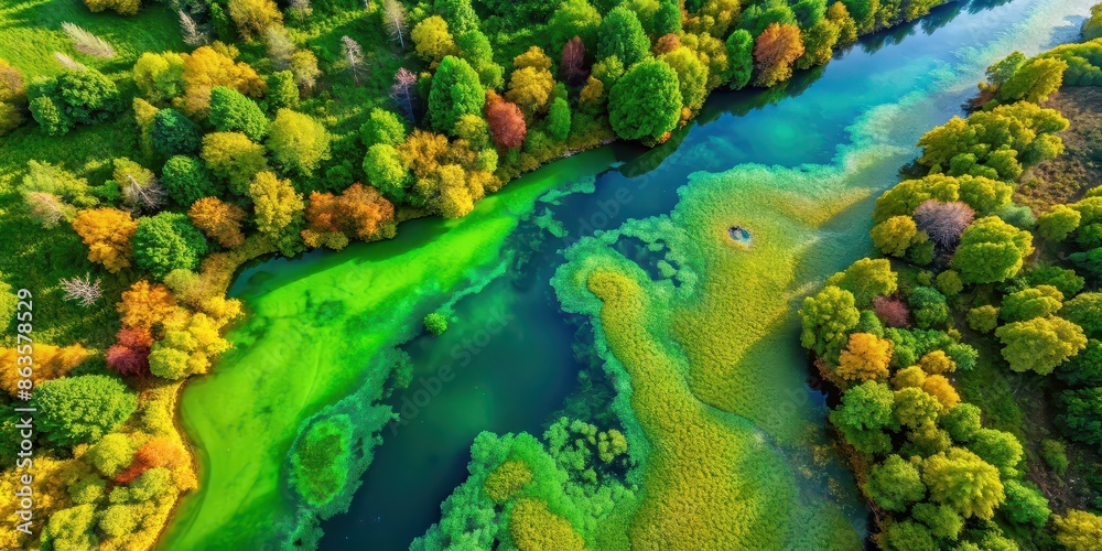 Aerial view of vibrant blooming algae on a green river, nature, aerial, vibrant, blooming, algae, green river, beauty Aerial view of vibrant blooming algae on a green river, nature, aerial, vibrant, blooming, algae, green river, beauty