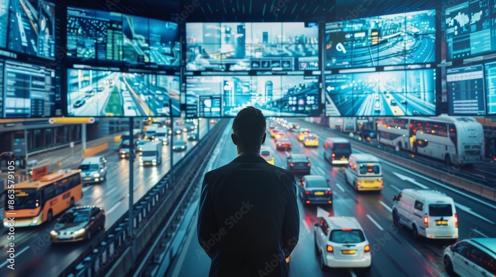 Obraz premium Urban Symphony Transportation Coordinator orchestrating realtime city traffic and public transport data on multiple screens