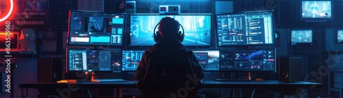 Person wearing headphones monitors multiple screens in a dark, tech-filled control room. Blue and red lights illuminate the high-tech environment.