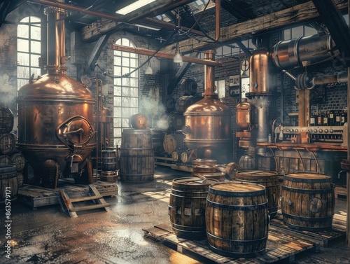 Rustic distillery with vintage copper stills, wooden barrels, and sunlight streaming through windows, capturing the essence of traditional craftsmanship.