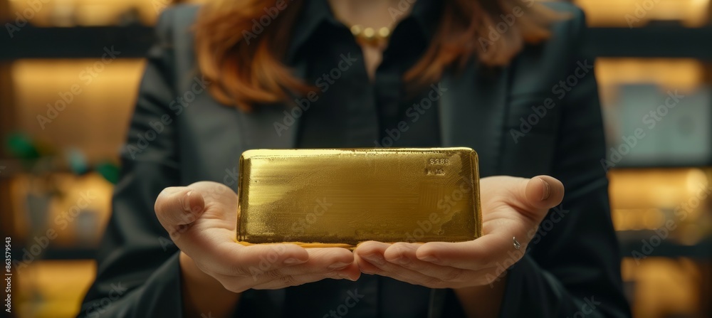 Businesswoman holding gold bar. Money business finance investment reserve currency value. Generative AI technology. Businesswoman holding gold bar. Money business finance investment reserve currency value. Generative AI technology.