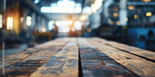 The close up picture of the empty table that has been made from the wood material and placed inside the wood factory, the wood factory is the place for lumber production, wood products manufacturing