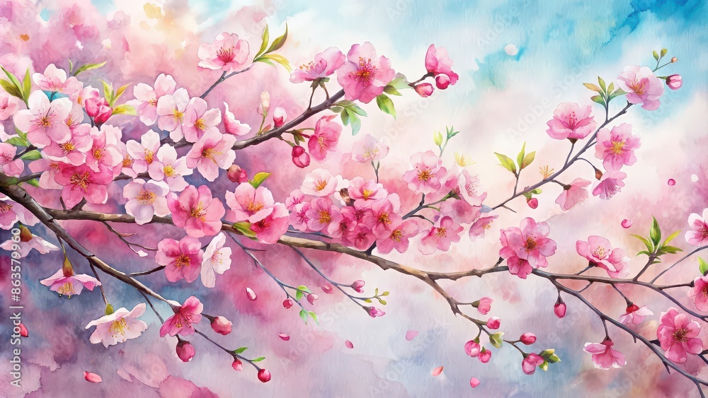 Watercolor of pink cherry blossoms in full bloom , cherry blossoms, pink flowers, watercolor,spring, petals, background Watercolor of pink cherry blossoms in full bloom , cherry blossoms, pink flowers, watercolor,spring, petals, background