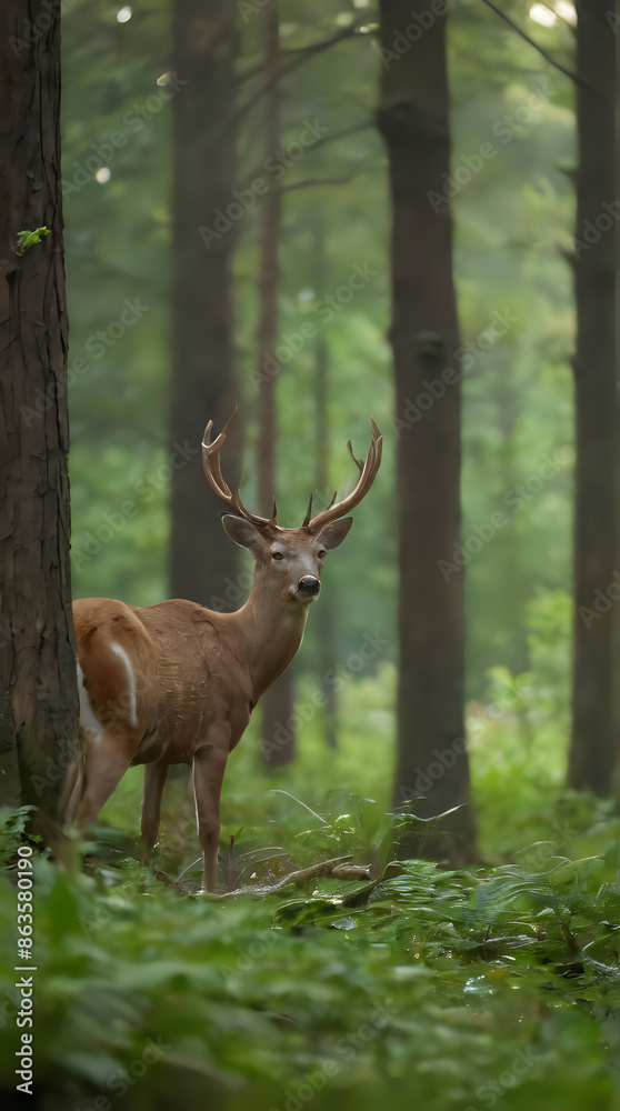 a deer standing in the woods with its antlers on a deer standing in the woods with its antlers on