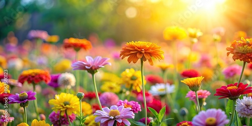 Colorful flower field against blurred natural sunlight background, Nature, vibrant, beauty, spring, meadow, flowers, colorful