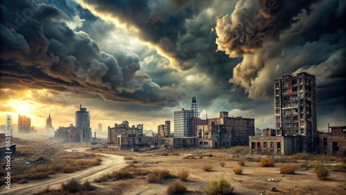 A haunting post-apocalyptic city landscape with rugged buildings and ominous storm clouds in the sky, apocalypse photo