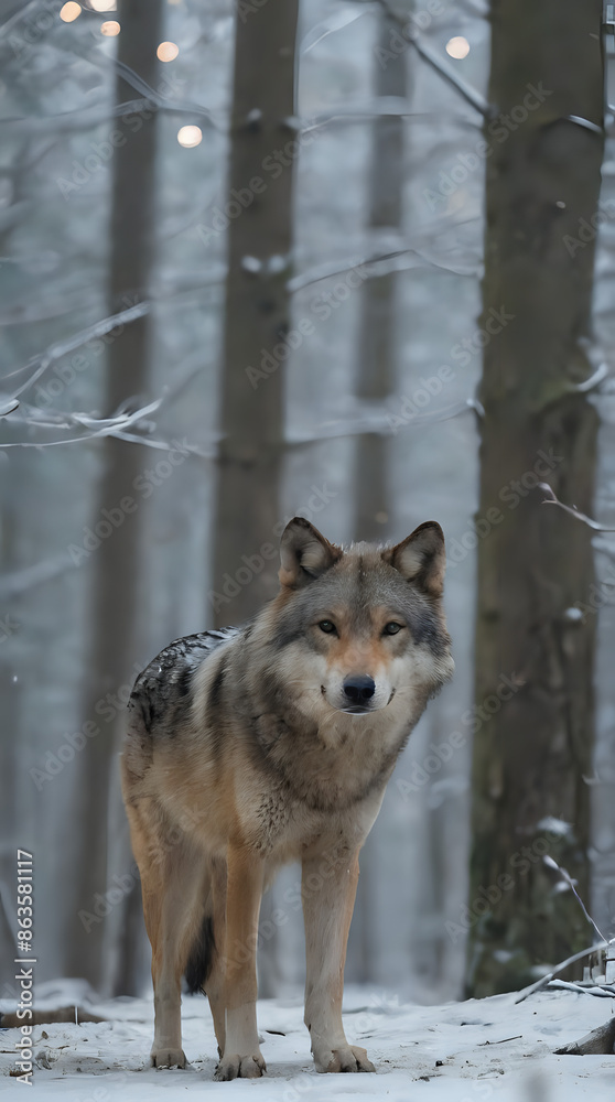Fototapeta premium a wolf standing in the snow in the woods