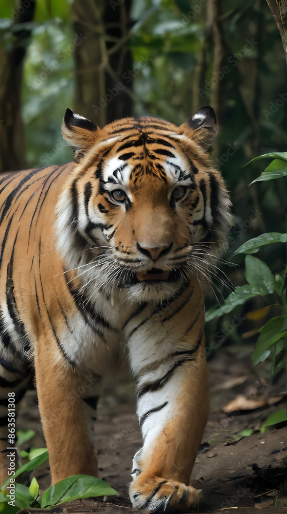 a tiger walking through the jungle with trees in the background