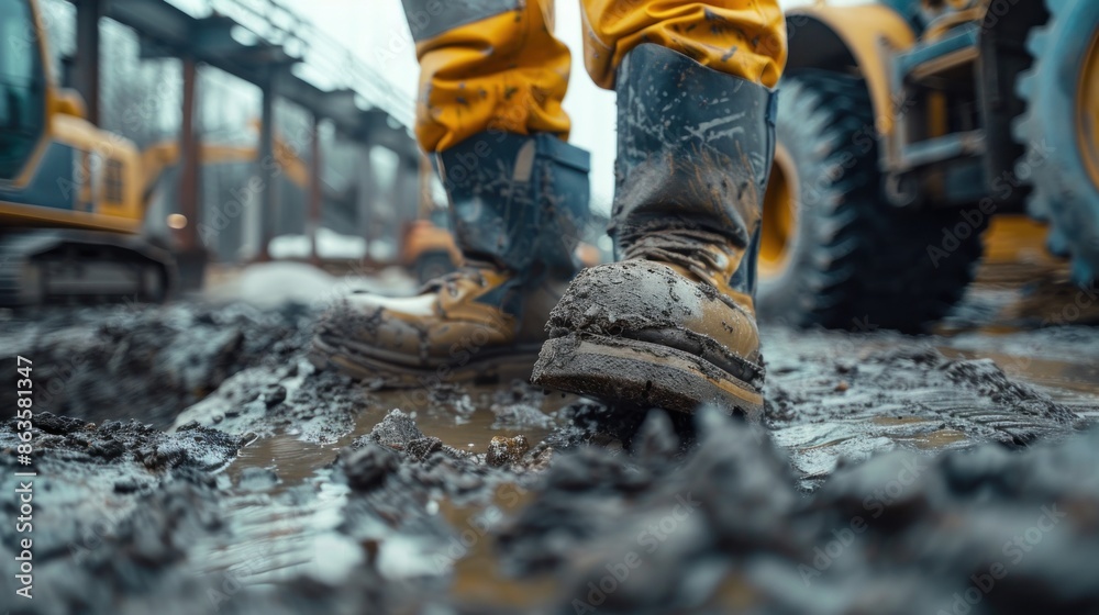 Construction worker's boots covered in mud Construction worker's boots covered in mud