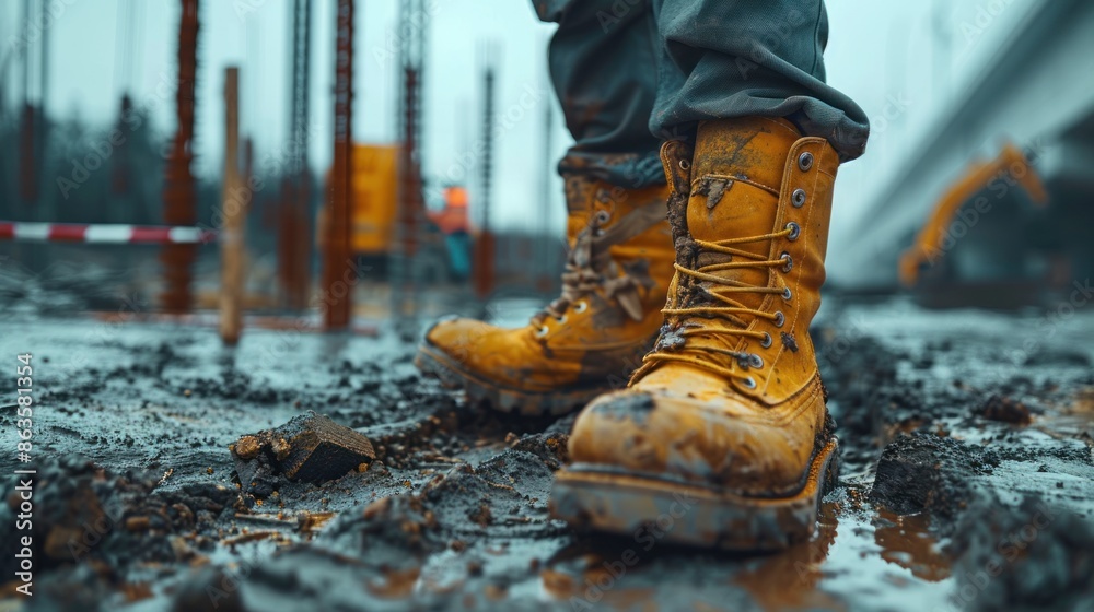 Muddy work boots at a construction site Muddy work boots at a construction site