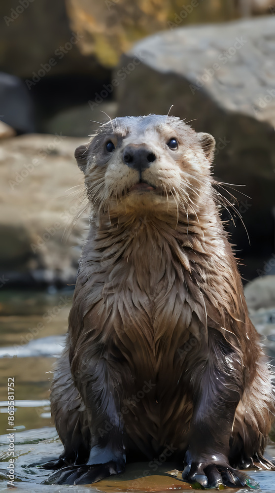 Obraz premium a wet otter sitting on a rock in the water