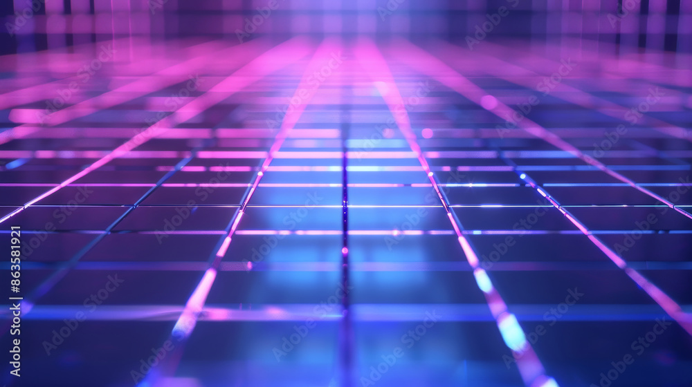Neon glow blue and purple perspective grid floor, futuristic abstract background