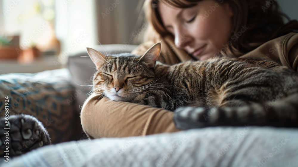 a pet owner cuddling with their cat, showcasing the bond and relaxation a pet owner cuddling with their cat, showcasing the bond and relaxation