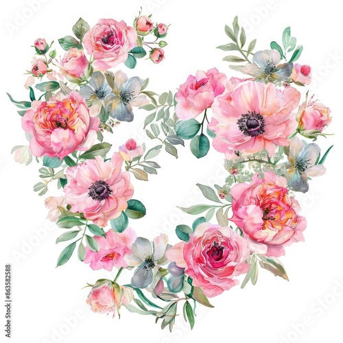 Watercolor Painting Pink Floral Heart shape  for wedding invitation decoration 