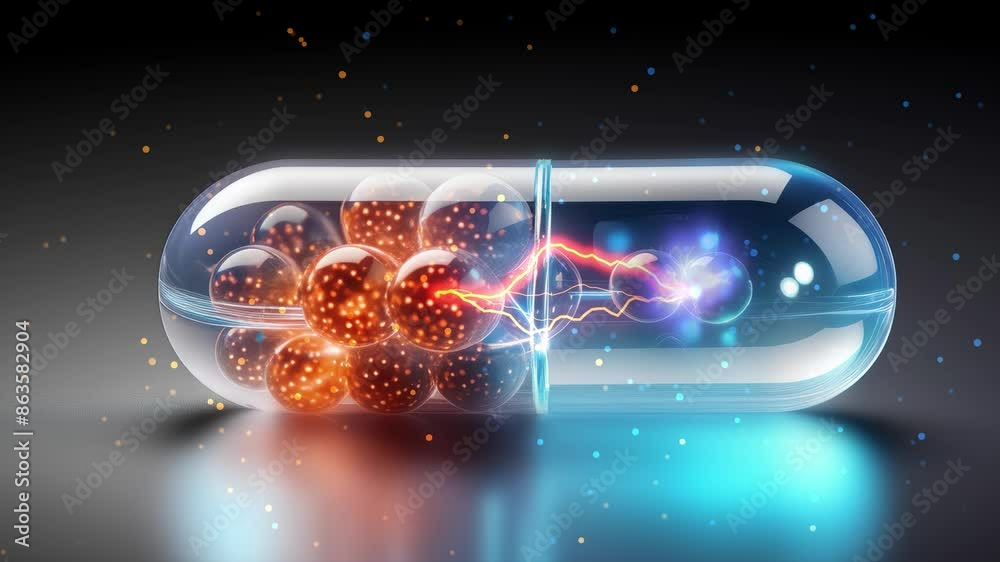 Radiopharmaceuticals. Radioactive Drugs. Transparent pill with glowing energy inside. Capsule containing lightning and energy. Pill capsule emitting radiation particles. AI image with 2d , 3d effects.