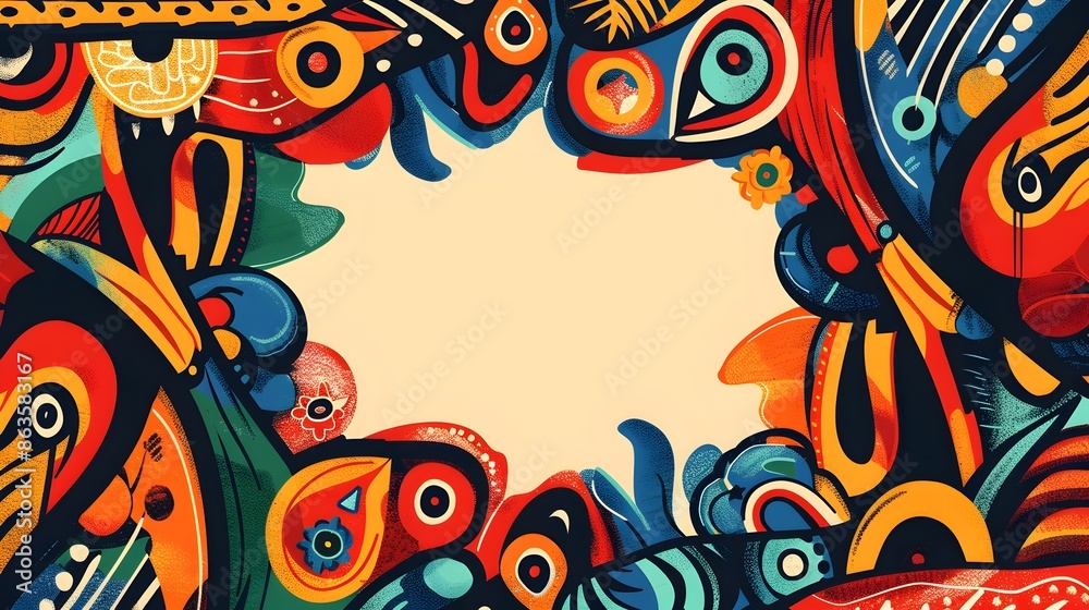 Obraz premium Vibrant Doodle Border Design With Interlocking Geometric Shapes and Flowing Lines Reminiscent of Latin American Art