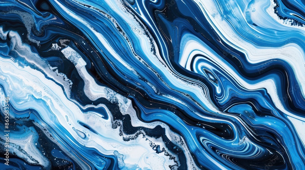 Fototapeta premium A blue and white swirl pattern with a lot of dots. The blue and white color scheme gives the impression of a calm and peaceful ocean. The dots in the pattern add a sense of movement and energy