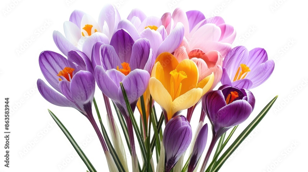 Fototapeta premium Isolated white background with spring crocus bouquet in various colors