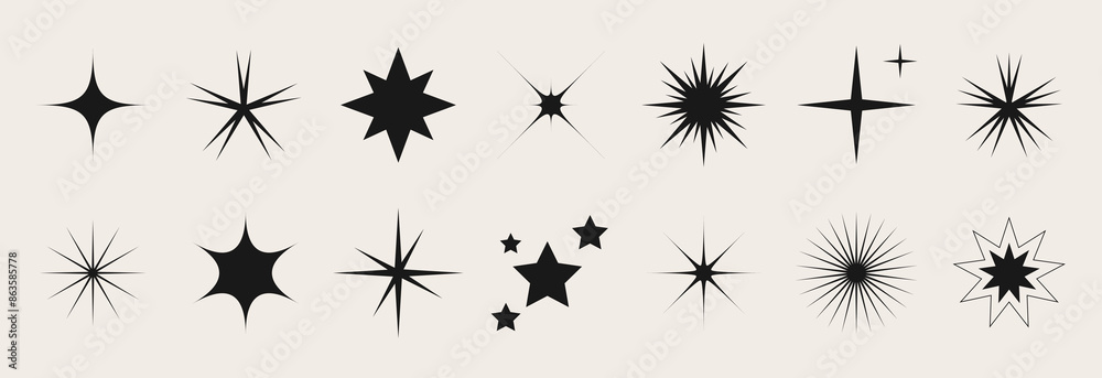 Set of blinking stars, sparks and sparkles. Shining twinkle sunburst shapes collection. Magic light flare pack for design template, poster, banner, brochure, leaflet. Vector glint glitter illustration