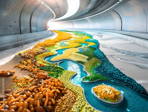 Vibrant Microbial Ecosystem Adorning an Exit Ramp in a Surreal Architectural Landscape photo