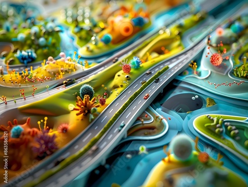 Microscopic Organisms Interacting on a Fantastical Exit Ramp photo