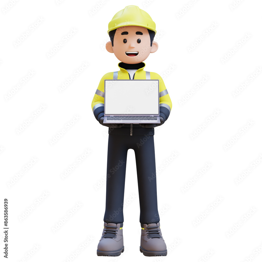 3D Construction Worker Character Holding Laptop with Empty Screen 3D Construction Worker Character Holding Laptop with Empty Screen