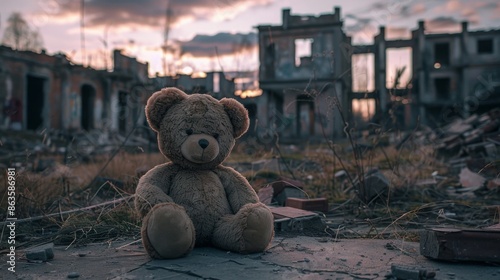 Teddy Bear in Urban Ruins at Sunset