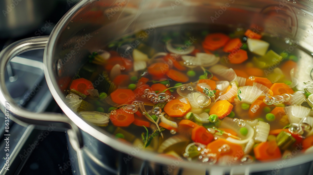 A pot of soup with carrots and peas in it A pot of soup with carrots and peas in it