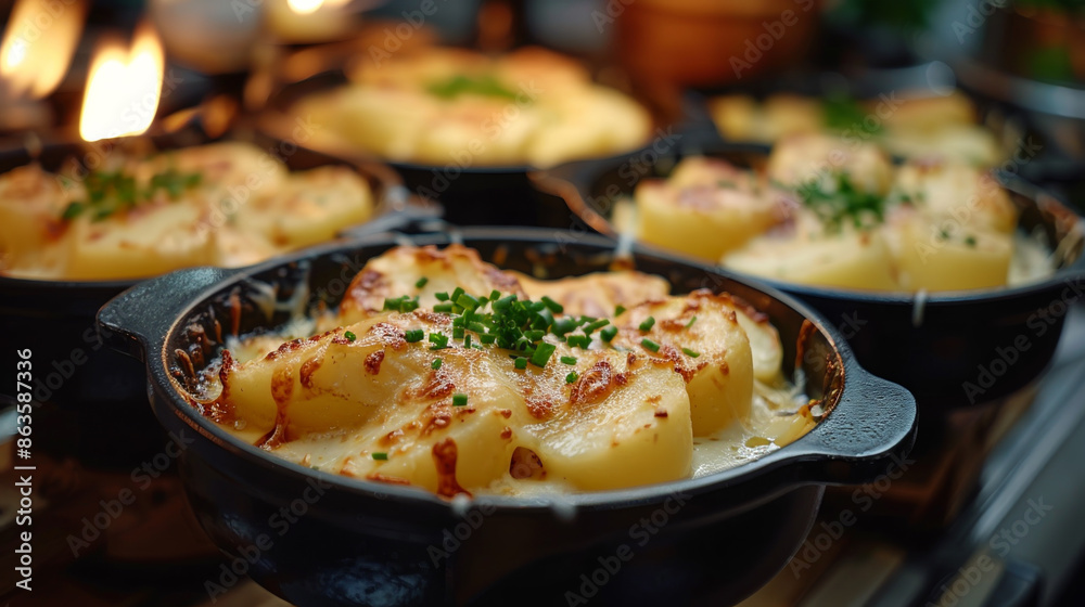 A black pot with a white sauce and a bunch of potatoes A black pot with a white sauce and a bunch of potatoes