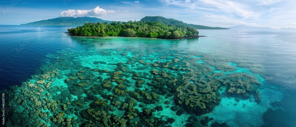 Naklejka premium Bird's eye view of an underwater landscape, vibrant coral reefs, clear blue waters, marine life, natural beauty