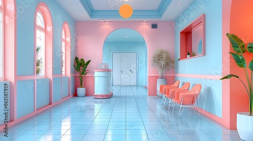 Modern Dental Practice D Rendered Front View Showcasing Tetradic Color Scheme Tooth Care Theme photo