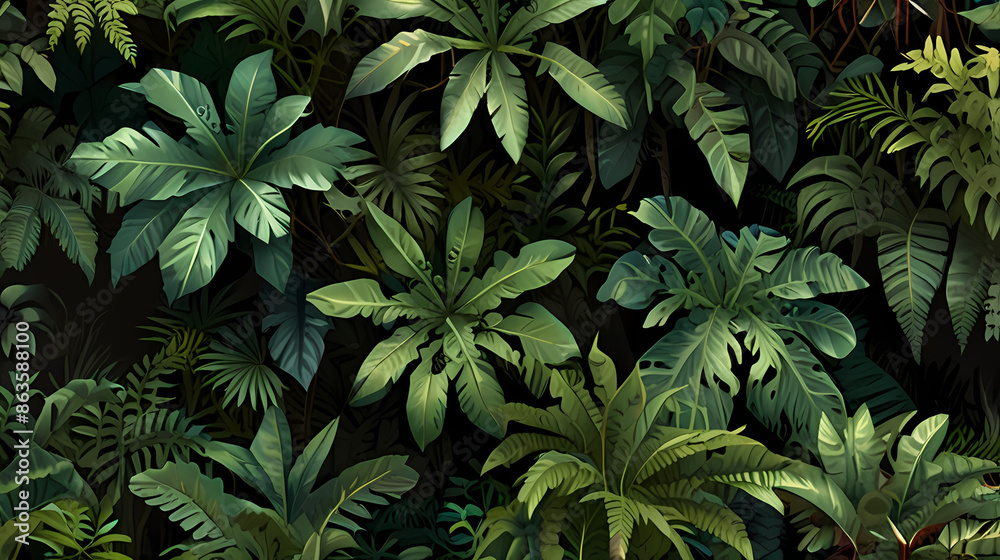 Top-down perspective of a tropical jungle, with various shades of green from tall trees, vines, and bushes, dotted with small clearings Top-down perspective of a tropical jungle, with various shades of green from tall trees, vines, and bushes, dotted with small clearings