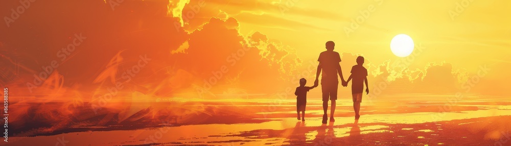 Parent and child silhouette walking away Parent and child silhouette walking away