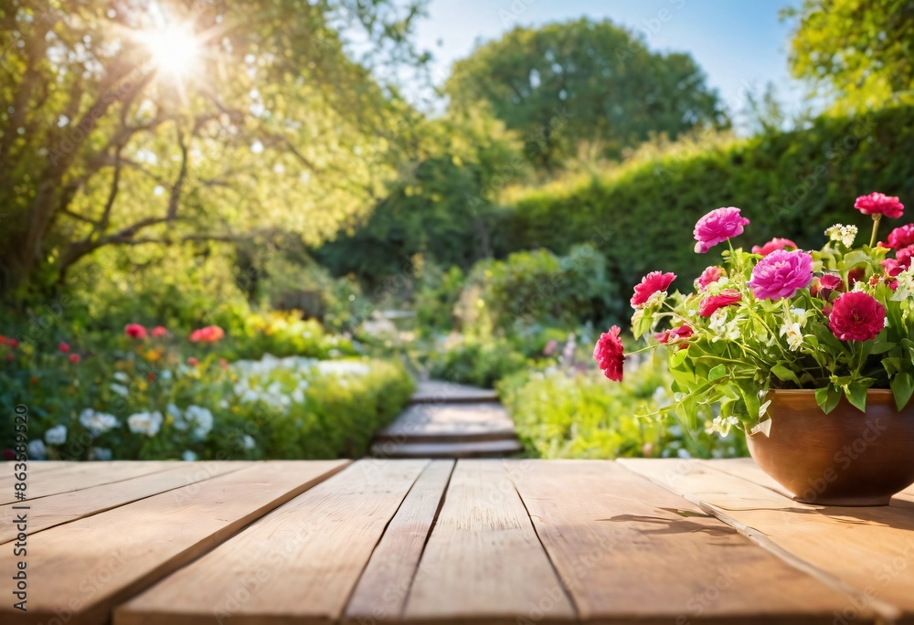 table with flowers for product visualization in the garden table with flowers for product visualization in the garden