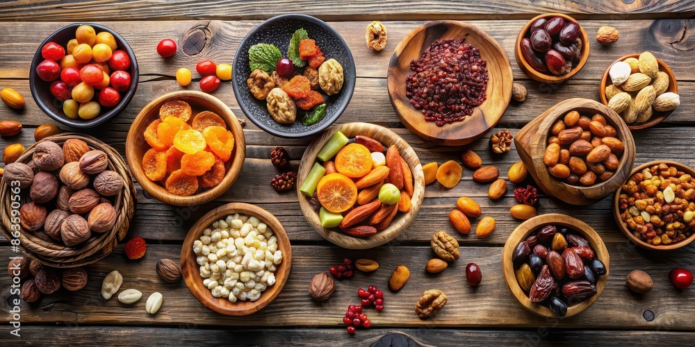 Assorted nuts and dried fruits on rustic wooden table , Healthy snacks, mix, almonds, raisins, cashews, walnuts