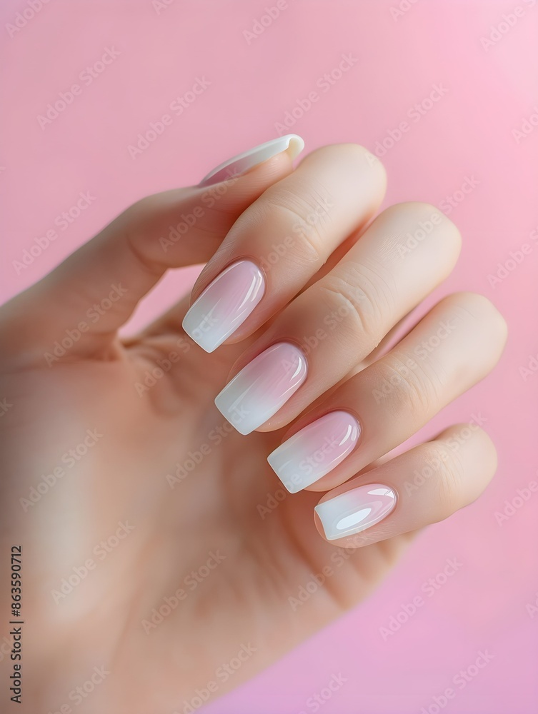 Close up of woman hand with French manicure. Beautiful elegant gel polish manicure on square nails on pastel color background Close up of woman hand with French manicure. Beautiful elegant gel polish manicure on square nails on pastel color background