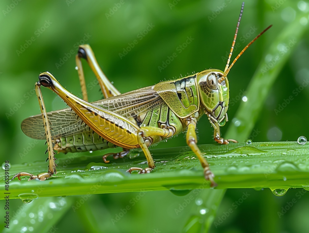 A close-up of a grasshopper perched on a rain-soaked blade of grass, its body covered in tiny droplets of water. The vibrant green of the grasshopper and grass creates a harmonious A close-up of a grasshopper perched on a rain-soaked blade of grass, its body covered in tiny droplets of water. The vibrant green of the grasshopper and grass creates a harmonious