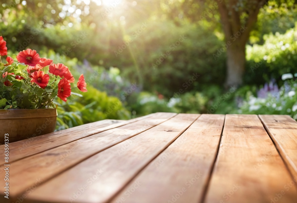 table with flowers for product visualization in the garden table with flowers for product visualization in the garden