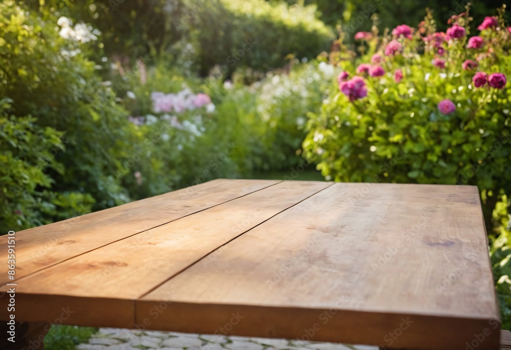 table with flowers for product visualization in the garden table with flowers for product visualization in the garden