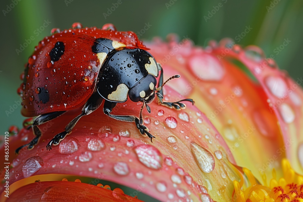 Obraz premium A close-up of a ladybug resting on a rain-soaked flower petal, its shell glistening with tiny droplets. The rich red and black of the ladybug create a striking contrast with the de