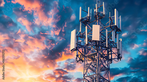 Antenna tower of telecommunication and Phone base station with TV and wireless internet antennas